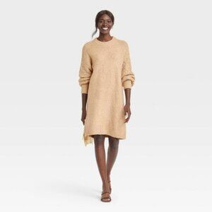 NWT Women's Long Sleeve Cable Knit Sweater Dress - A New Day in Camel